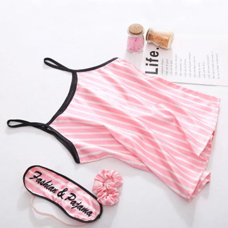 2020 Band Pink Women's 7 Pieces Pajamas Sets Emulation Silk Striped Pyjama Women Sleepwear Sets Spring Summer Autumn Homewear