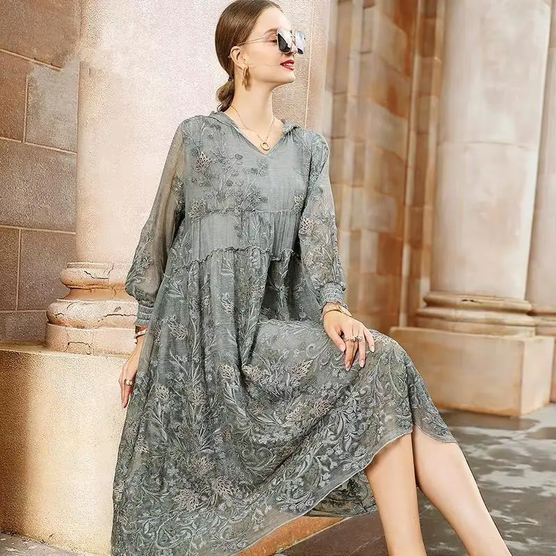

Hooded Cap Full Sleeve Dresses Loose Vestido Plus Size 2020 New Summer Elegant Mesh Lace Embroider Women A Line Dress