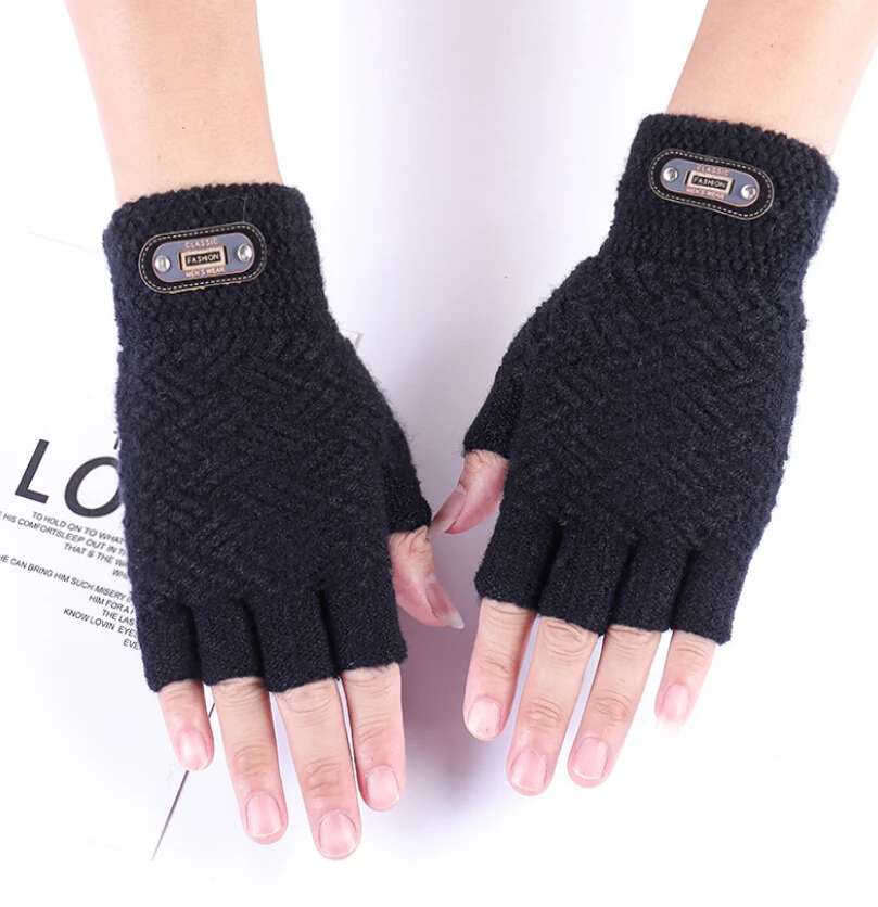 Мужские плотные теплые перчатки с полупальцами мужские вязаные однотонные без