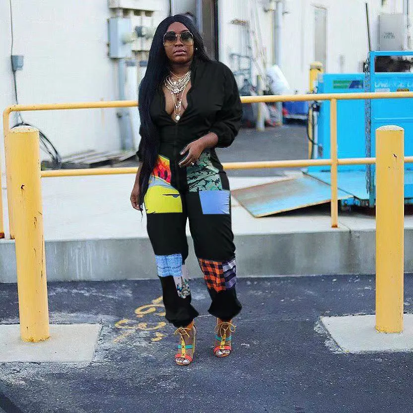 

Hottest Autumn Women Jumpsuits Fashion Printed Zipper V-Neck Long Sleeve High Waist Street Wear Rompers Plus Size S -5XL