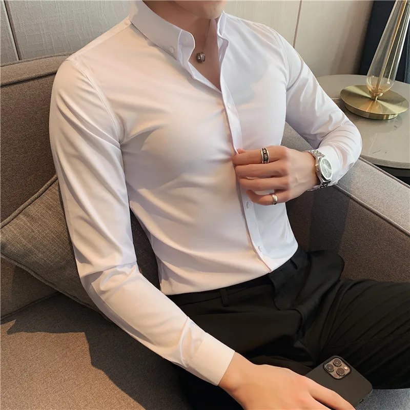 

Plus Size 7XL-S Tuxedo Simple Long Sleeve Men Casual Shirts Dress Fashion 2021 Business Formal Wear Slim Fit Blouse Homme 7Color