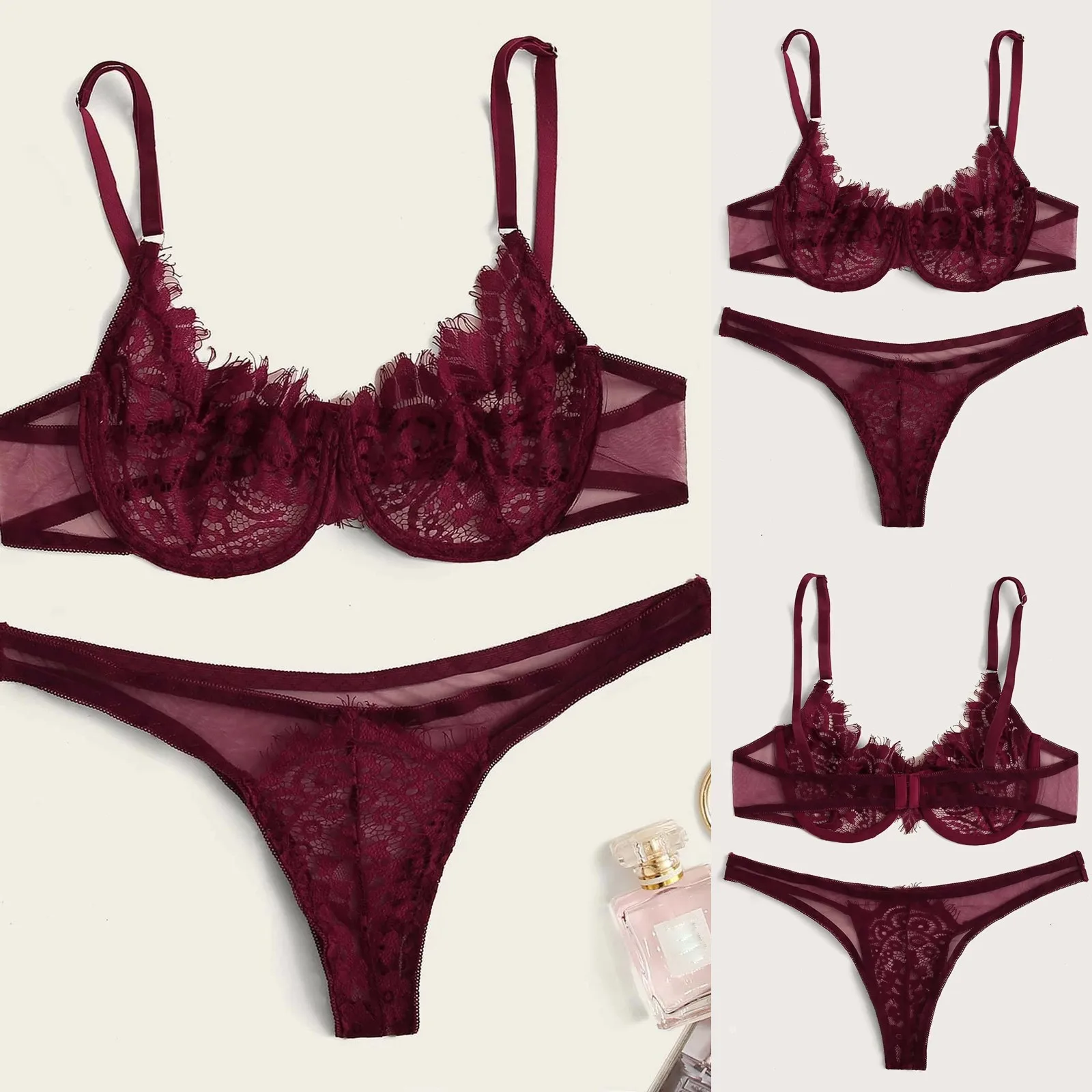 

Sexy Erotic Underwear Solid color Hollow out Lace Temptation breathable Perspective With Steel Ring Women lingerie set