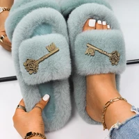 furry faux fur slippers for women vintage gear key decor fur slides flats custom winter warm flip flops sandals shoes