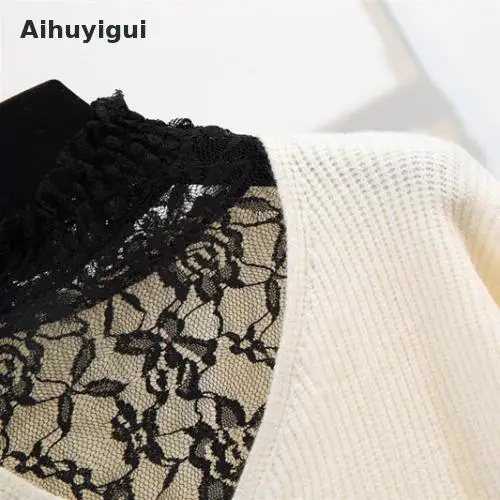 

Aihuyigui 2019 Autumn And Winter New Style Lace Stitching High Collar Bottoming Knit Sweater Suit + Plaid Woolen Skirt Set Dr584