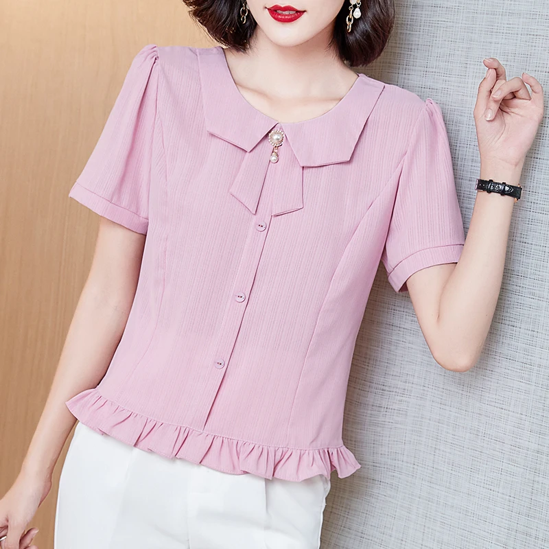 

Рубашка COIGARSAM, женские топы, Новинка лета 2021, модные повседневные Прямые розовые женские рубашки с коротким рукавом