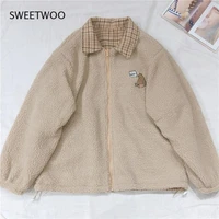 winter jackets clothes women 2021 plaid coat woman embroidery bear thicked outwear wear on both sides lamb wool jacket