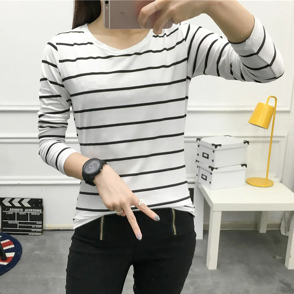 Женская футболка в полоску Корейском стиле Свободный джемпер с длинным рукавом и