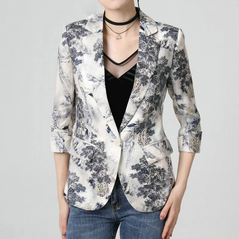 New HIGH QUALITY Fashion 2021 Runway Designer Blazer suit Women's Notched Chinese Landscape Ink Painting Printing Blazer Jacket