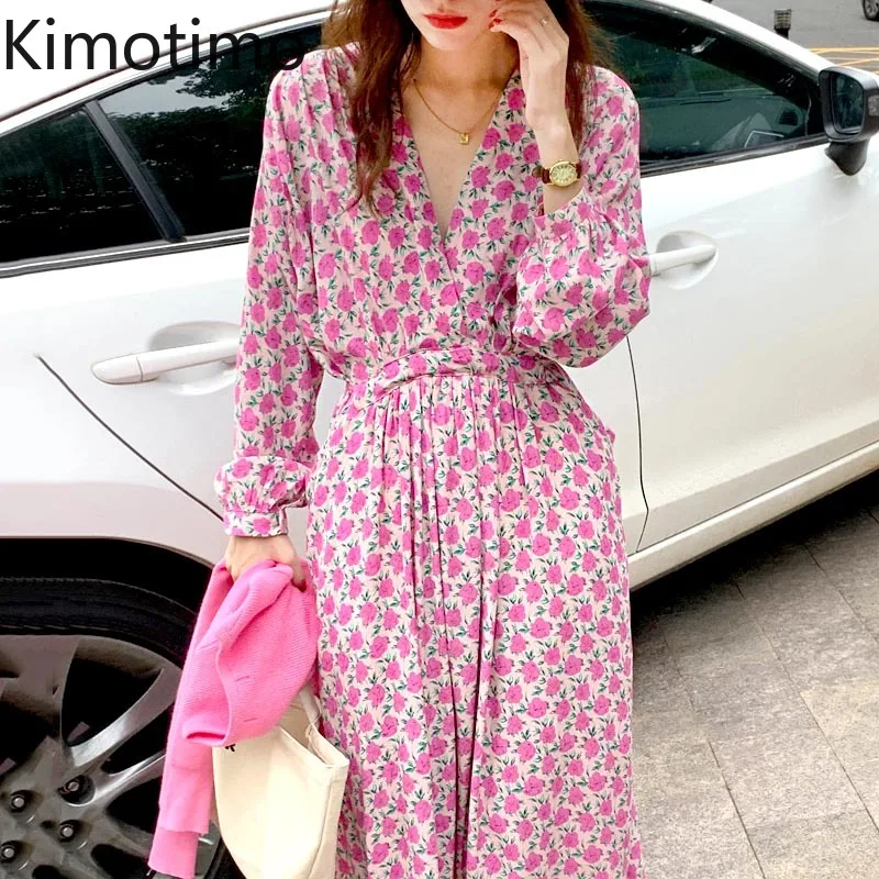 

Платье Kimotimo женское с цветочным принтом, шикарное элегантное Свободное длинное шикарное платье в Корейском стиле, с V-образным вырезом, на ш...