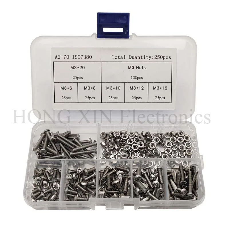 

250pcs/set M3 Button Head screw 304 Stainless Steel Hex Socket Screws Bolt With Hex Nuts Assortment Kit Repair Tool Sample box