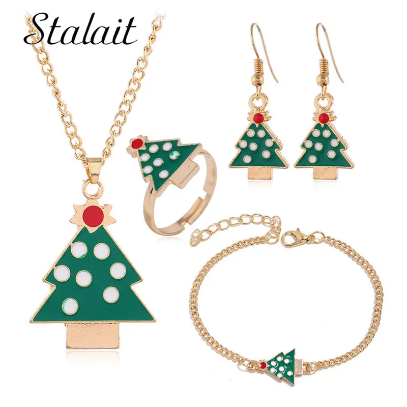 

New Arrival Christmas Jewelry Sets Green Enamel Christmas Tree Bracelet Necklace Rings Earrings For Women Girls Gifts