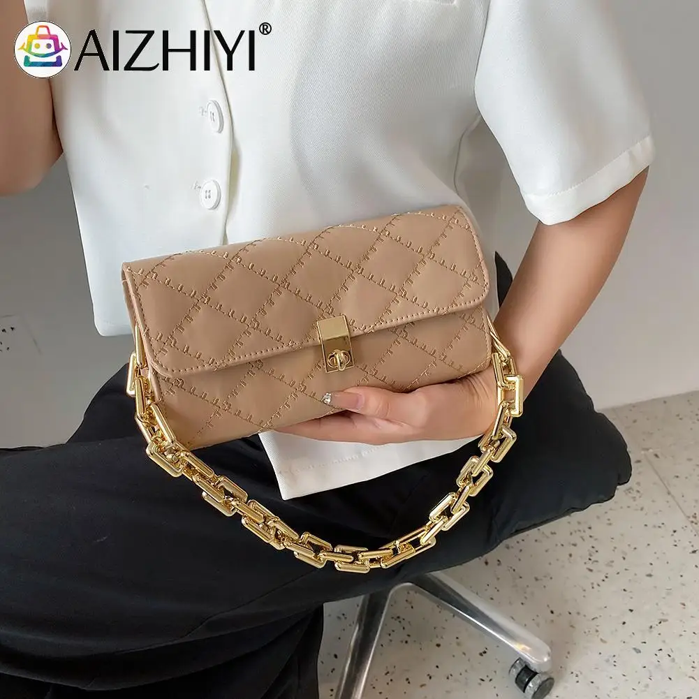 

Fashion Women Lattice Pattern PU Leather Solid Color Shoulder Underarm Bag Casual Ladies Thick Chain Small Flap Purse Handbags