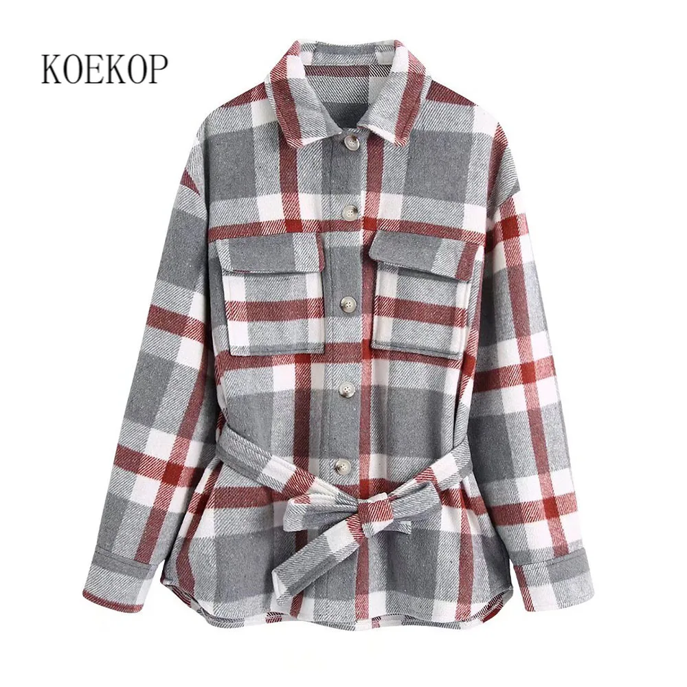 

Koekop Fall Winter Women Fashion Checkered Jacket with belt Long Sleeves Lapel Single breasted Vintage Warm Chic Outfit Woman