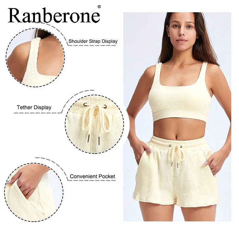 Ranberone 2 Pcs Sports Suits Sexy Summer Yoga Set Women Running Bra + Shorts Solid Color Fitness Clothing Sportswear 2021