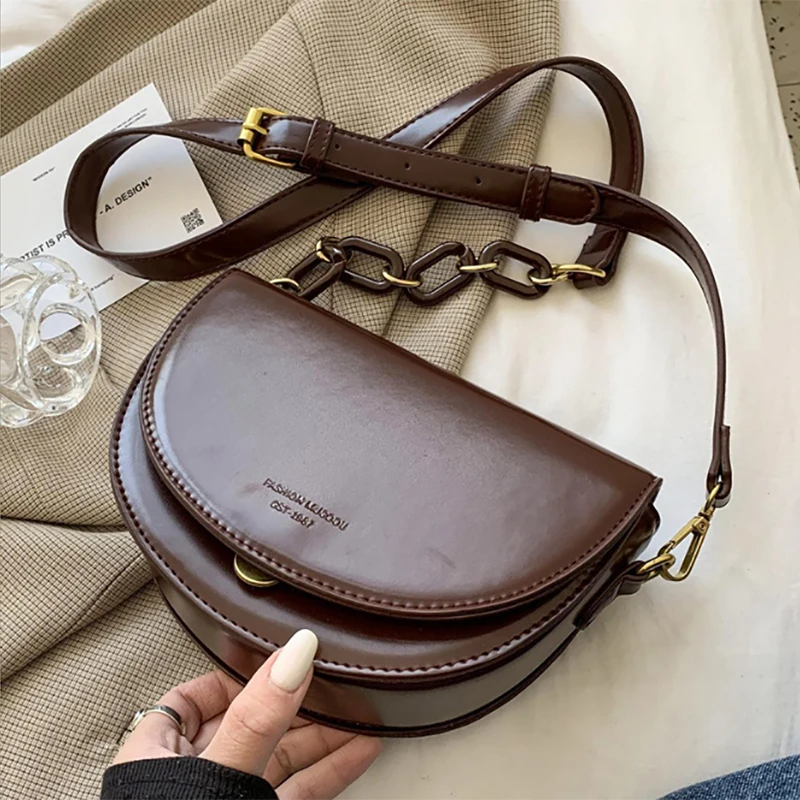 

High Quality PU Leather Semicircle Saddle Bags For Women Luxury Design Summer Style Vintage Shoulder Bag Daily Messenger Bags