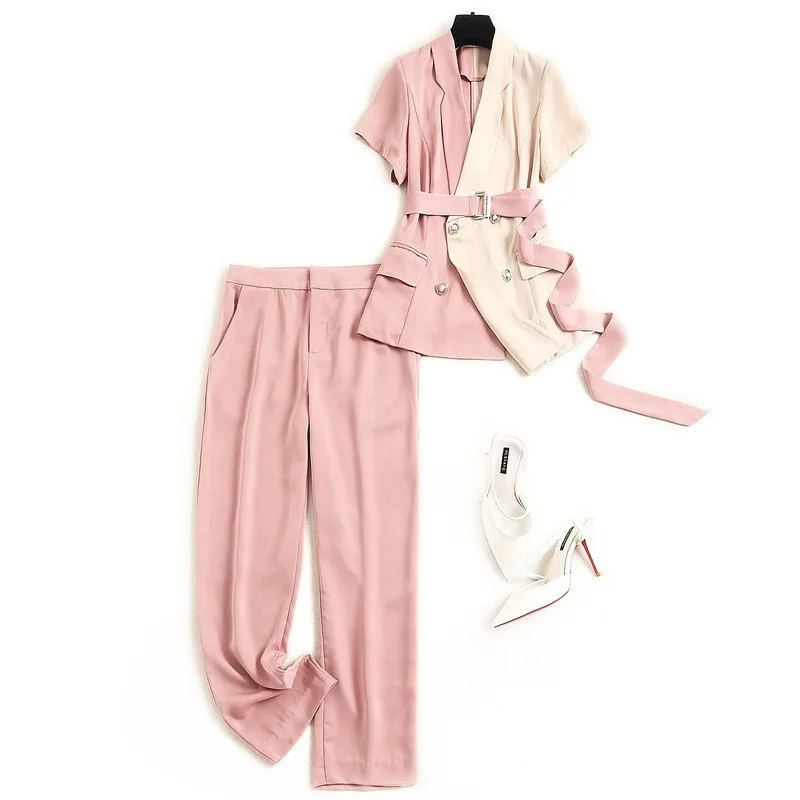 Женский Атласный Костюм с вышивкой комплект 2 шт. 2020 летний двубортный костюм