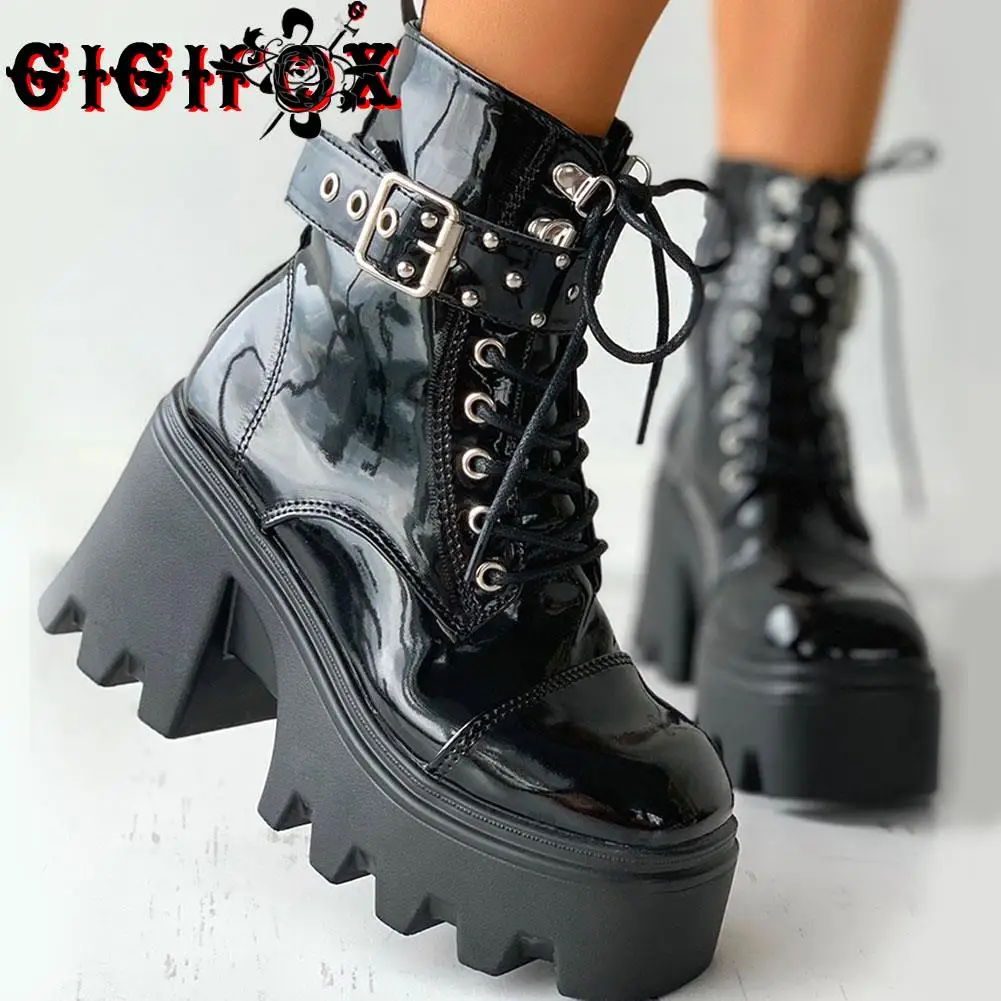 

Женские армейские ботинки GIGIFOX, черные ботинки в готическом стиле с заклепками, на молнии, на высоком каблуке и платформе, большие размеры до...