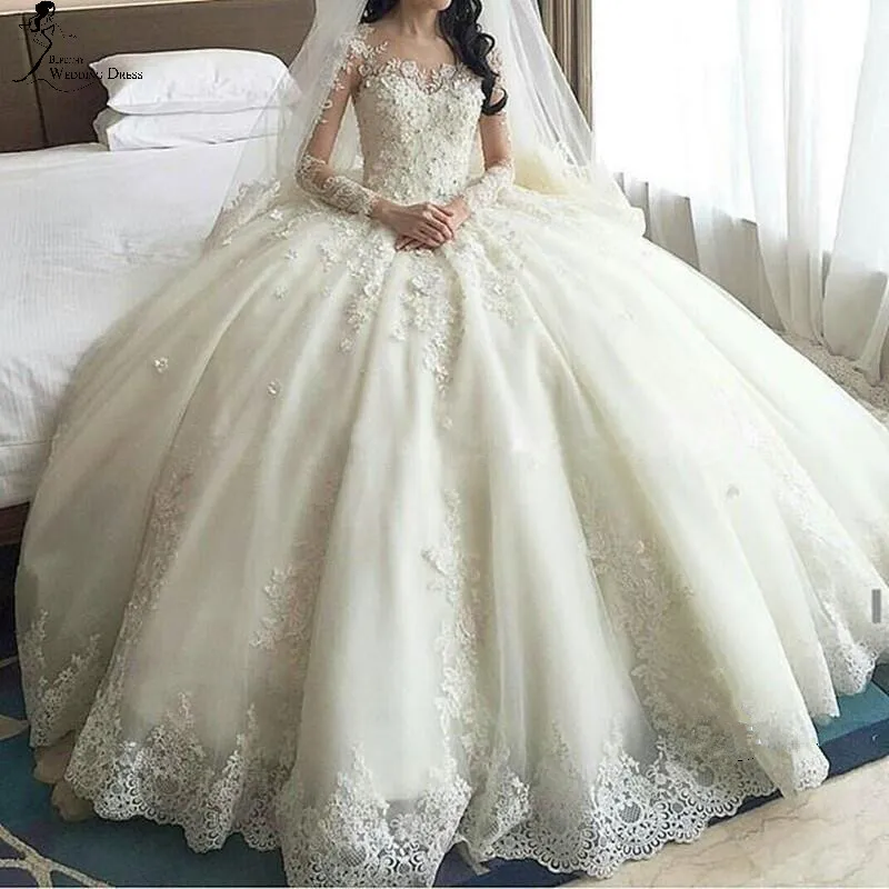 

Glamorous bridal Ball Gown Princess Appliques Bodice Vestido De Novia Long Sleeves Court Train mother of the bride dresses