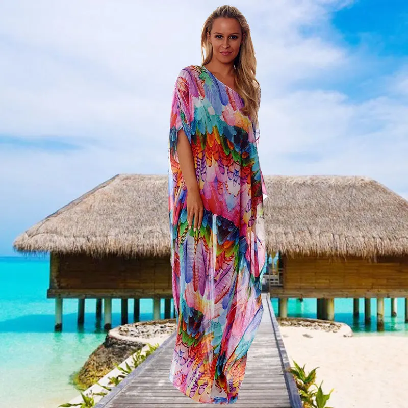

Chiffon Multi-color Feather Loose And Plus-sized Beach One Piece Dress WOMEN'S Swimsuit Bikini Blouse