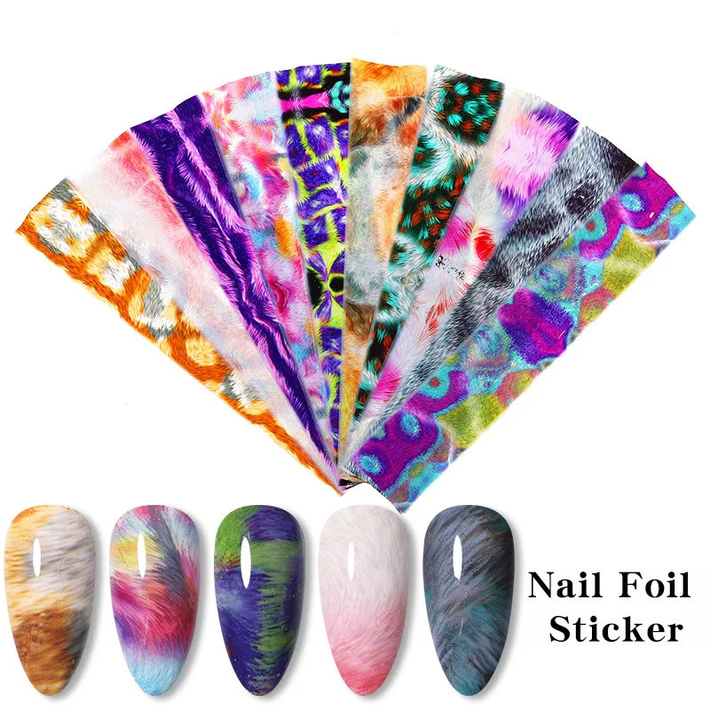 

10Pcs Nail Art Stickers Colorful Fur Texture Pattern Transfer Nail Foils Decals DIY Nail Art Decoration Manicuring Accessories