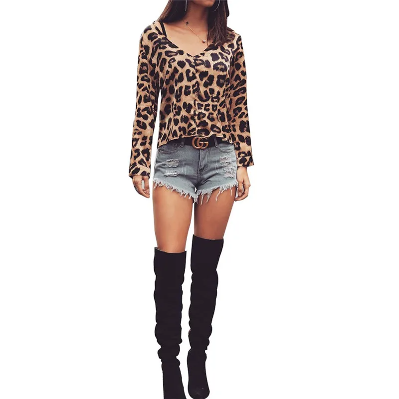 Женская шифоновая блузка с леопардовым принтом длинным рукавом и глубоким