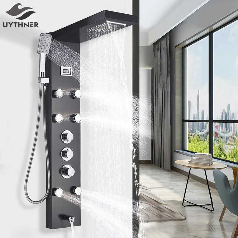 Черный никель термостатический смеситель Душевая панель дождевой водопад