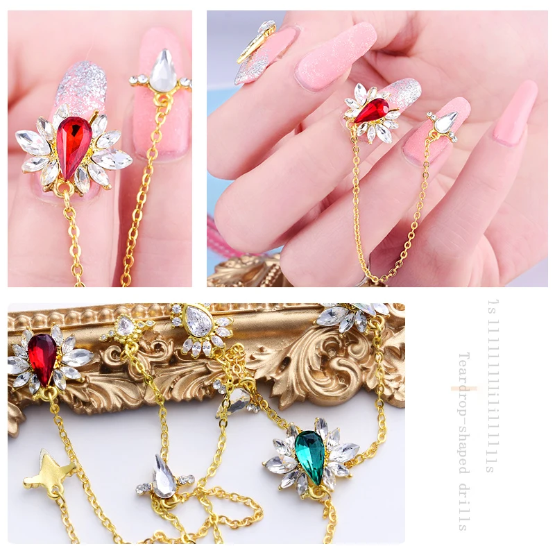 

Quality Luxury Zircon Crystal Rhinestones For Nails water drop Crystal Dangle Alloy Gold Nail Art Decorations Fashion