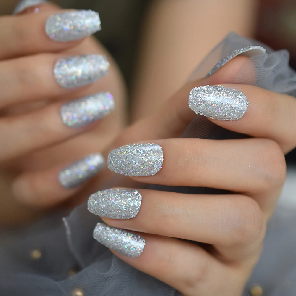 Накладные ногти Holo Bling с серебряным блеском предварительно разработанные
