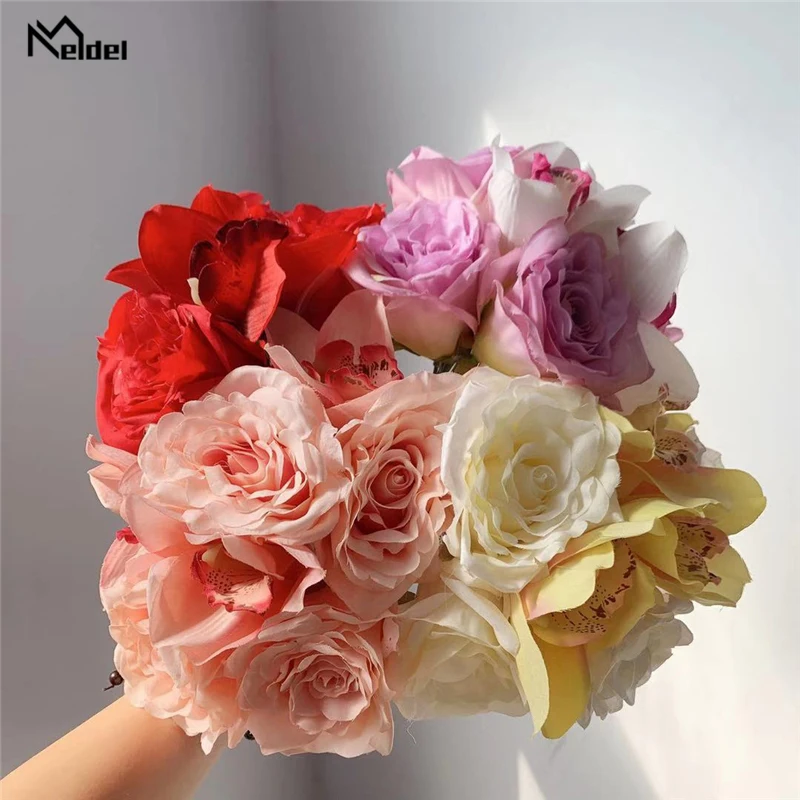 Meldel Artificial Flower Bouquet Silk Rose Orchid Fake Girl Purple Pink DIY Home Party Decoration Wedding Supply | Дом и сад