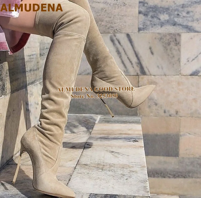 Роскошные Металлические высокие сапоги до бедра на тонком высоком каблуке с