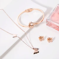 2021 new korean style titanium steel butterfly necklace womens rose gold stud earrings fashion bracelet jewelry set