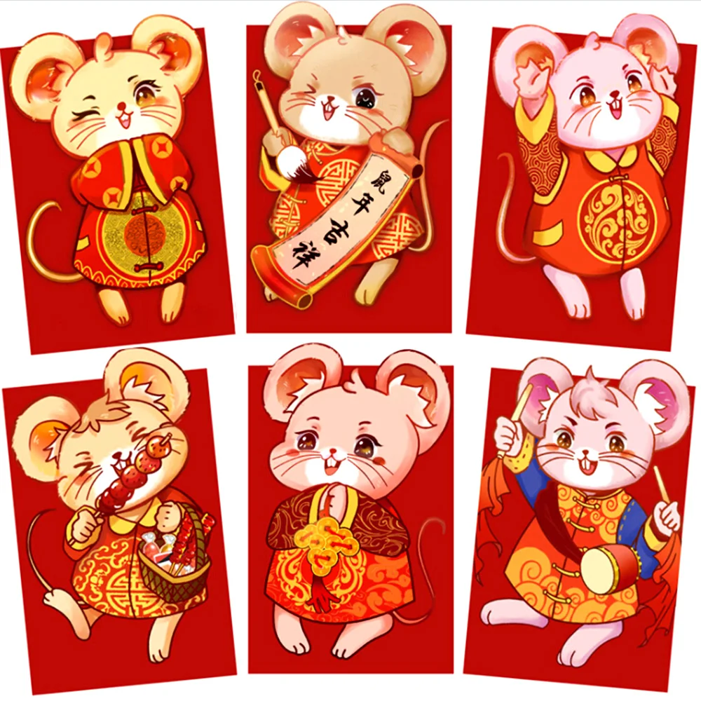 6 шт. 2020 красный конверт для денег с рисунком крысы новогодний кошелек сумка
