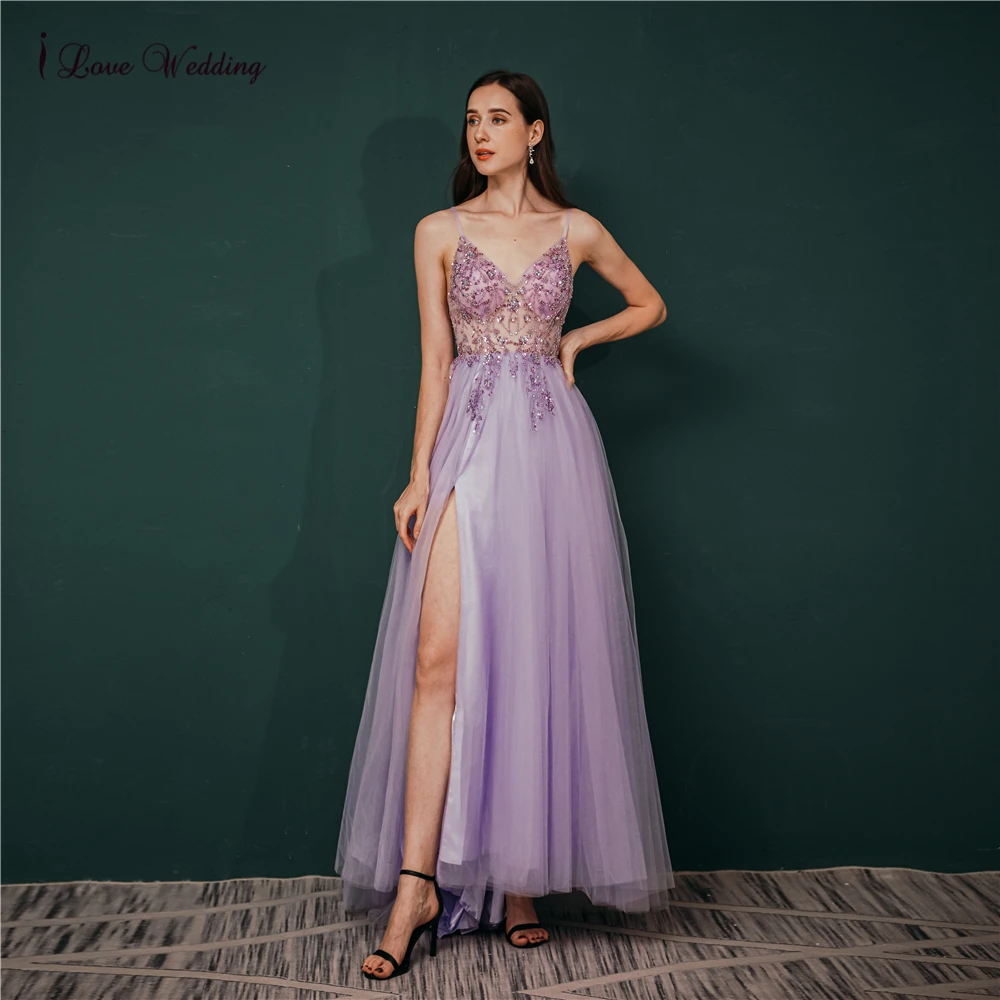 

Beading Prom Dresses Long 2021 V Neck Light Purple High Split Tulle Sleeveless Evening Gown A-Line Deep V Neck Robe de soiree