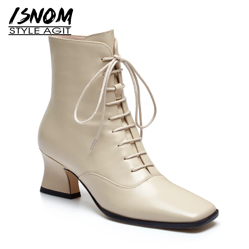 ISNOM/ботильоны из коровьей кожи женские мотоциклетные ботинки обувь с квадратным