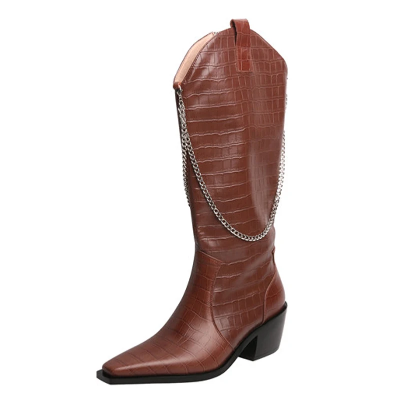 

FOREADA High Heel Mid Calf Boots Woman Real Leather Western Boots Zip Block Heel Shoes Chain Pointed Toe Ladies Boots Brown 40