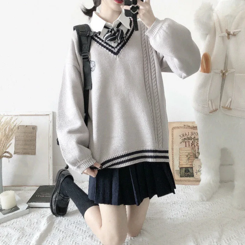 Sweet JK Uniform Pullover Sweater Korean V-neck Female Student Loose Outwear Japanese School College Style | Тематическая одежда и