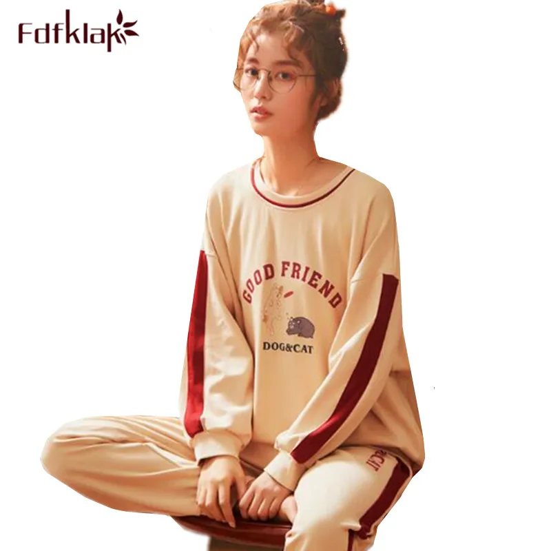 Fdfklak Весенняя Осенняя Пижама Женская Хлопковая пижама с длинными рукавами