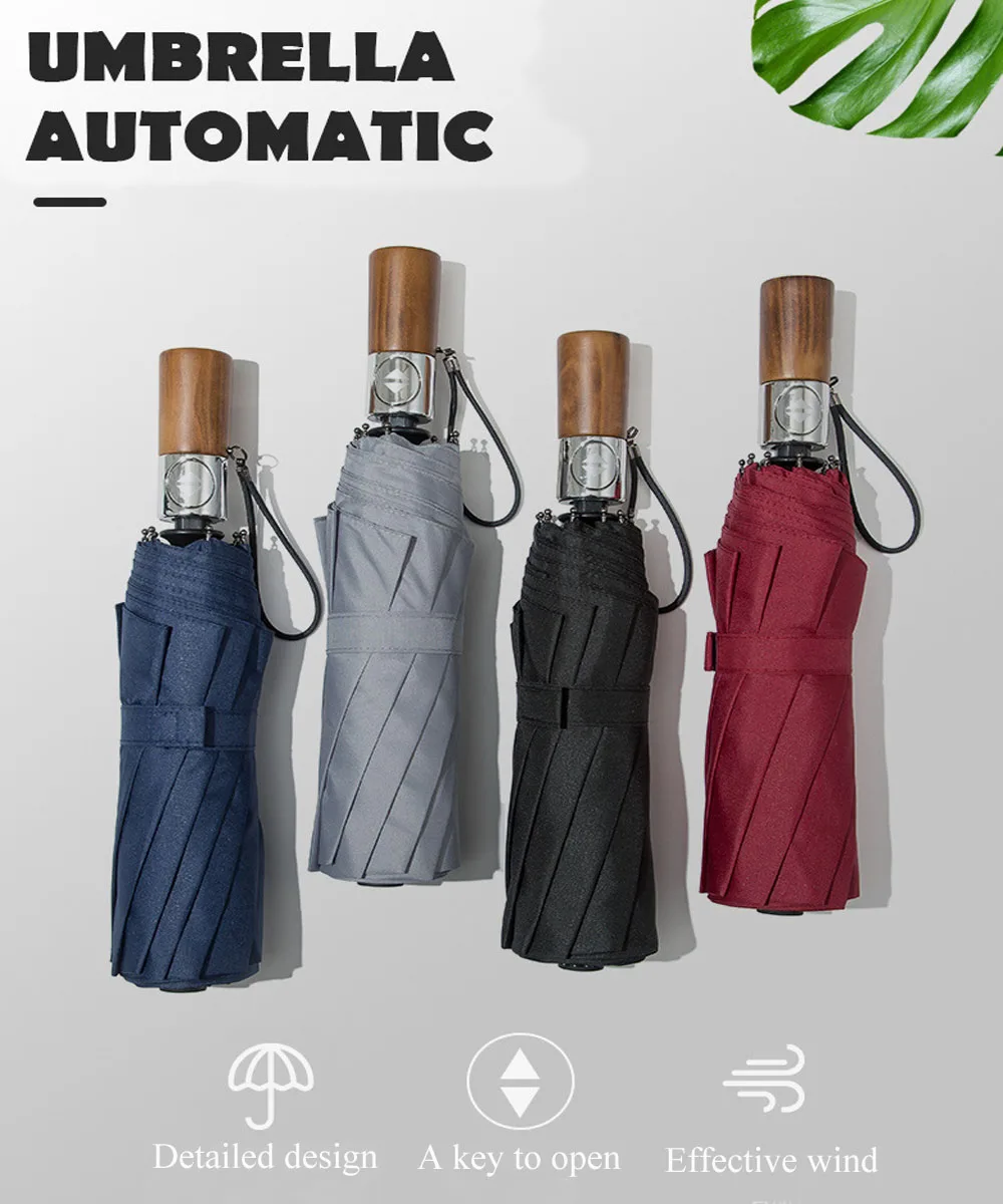 Складной автоматический зонт с деревянной ручкой защита от ветра и дождя для