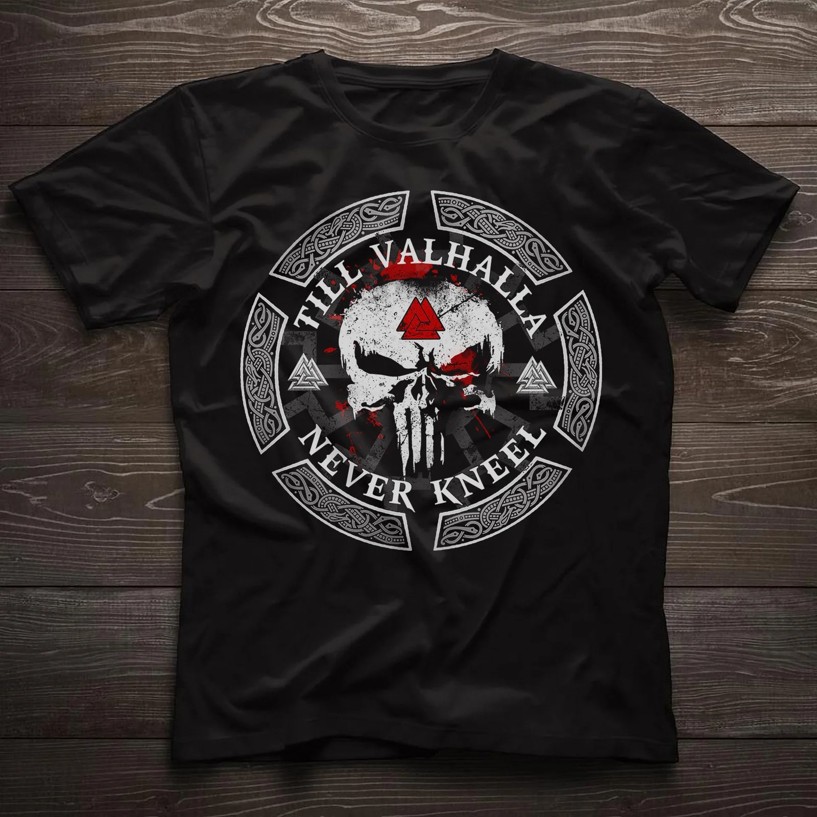 

Till Valhalla Never Kneel. Valknut Rune Viking Warriors Skull T-Shirt. Summer Cotton Short Sleeve O-Neck Mens T Shirt New S-3XL