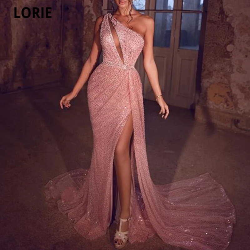 Lorie glitter lantejoulas vestidos de baile de um ombro sereia vestidos de noite lado split vestido de festa formal tribunal trem (0)