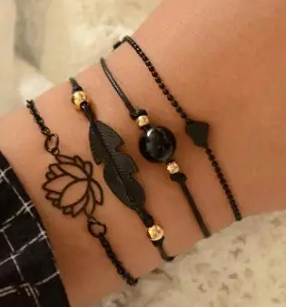 GTQ 4 шт. готический черный перо Лотос браслеты набор сердца очаровательные в стиле