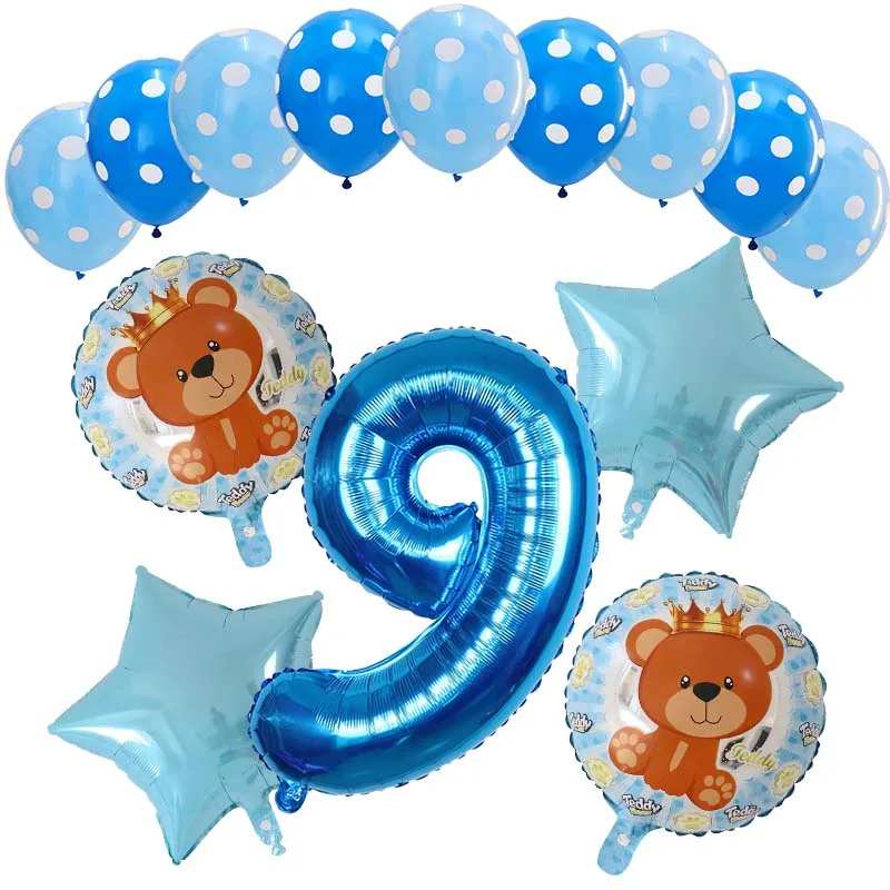 

14pcs/set 18inch Blue Pink Cartoon Teddy Bear Foil Balloons Set 30inch Number Globos Boy Girl Kids Birthday Party Decorations