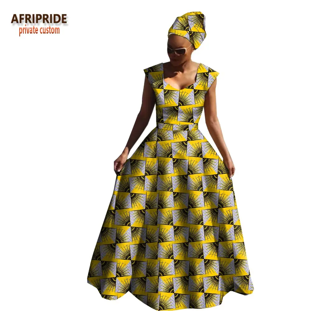 Afripride, Африканское весеннее Хлопковое платье для женщин, без рукавов, v-образный вырез, длина до пола, женское платье с повязкой на голову A1825039