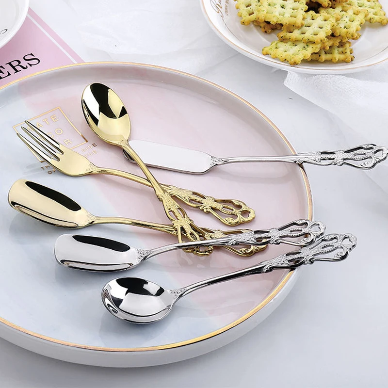 

Silver Retro Spoon Stainless Steel Cutlery Leaf BranchTeaspoon Fork Christmas Gifts Gold creative tea spoonTable Decoration