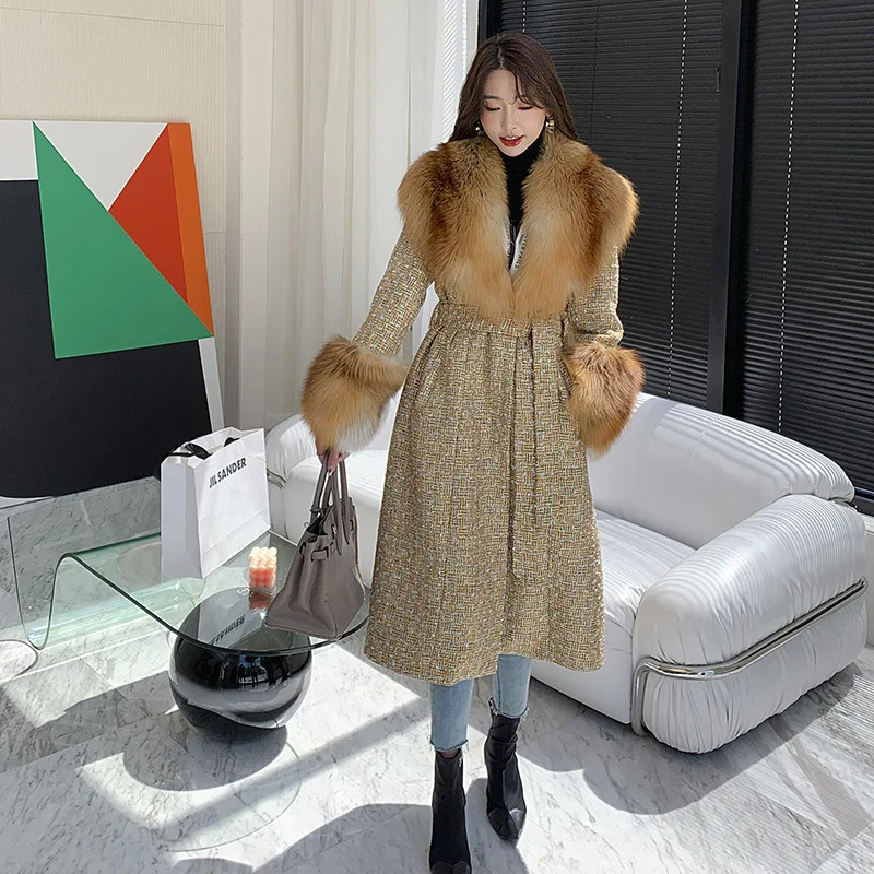 Stylish Big Fox Fur Collar Long Real Fur Coats Korean Style Pockets Belted Tweed Coat Loose Winter Warm Elegant Women Clothing enlarge
