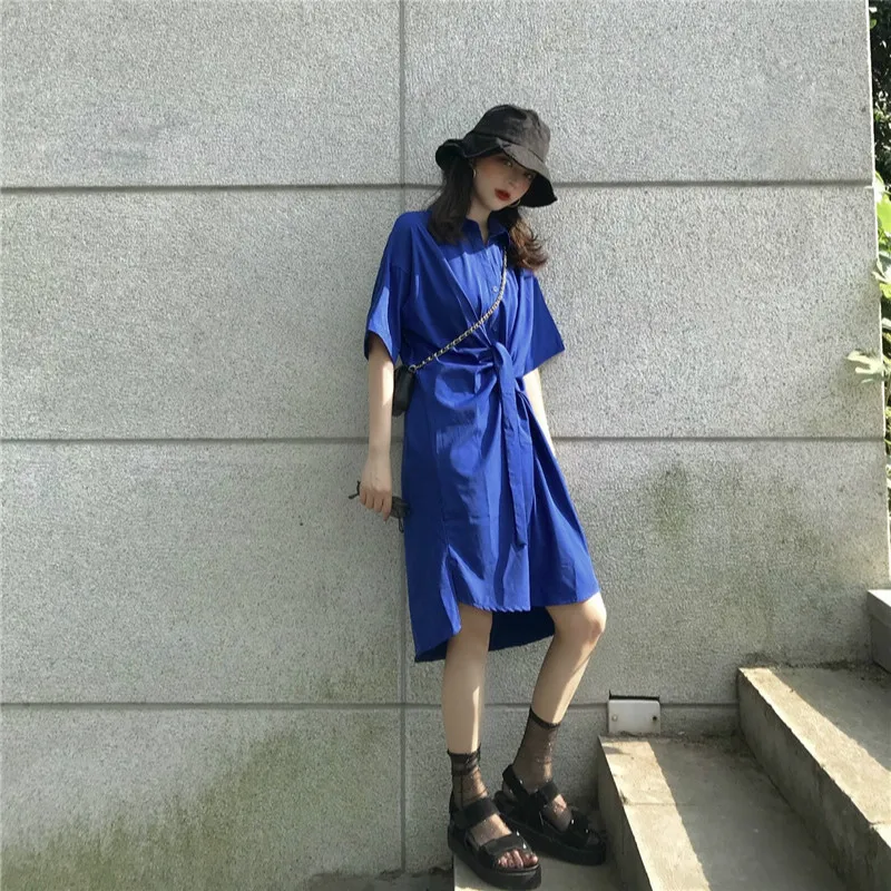 

100% Cotton Fashion Turn-down Collar Shirt Knee Length Dress Women Solid Short Sleeve Summer Dress OverSize Casual Vestidos Robe