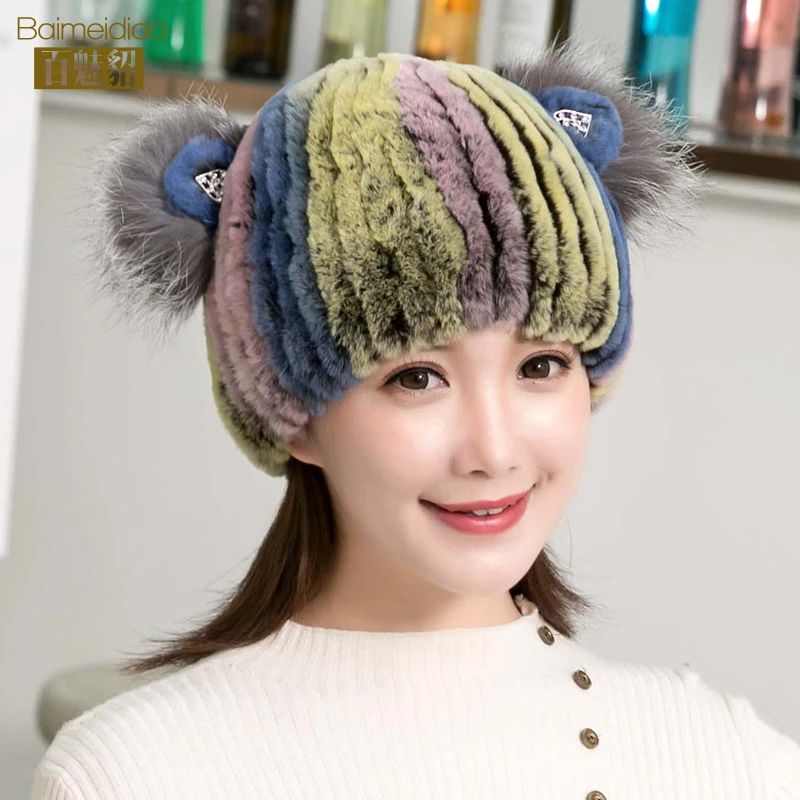 Меховая шапка женский зимний Настоящий мех кролика шапки с милыми кошачьими
