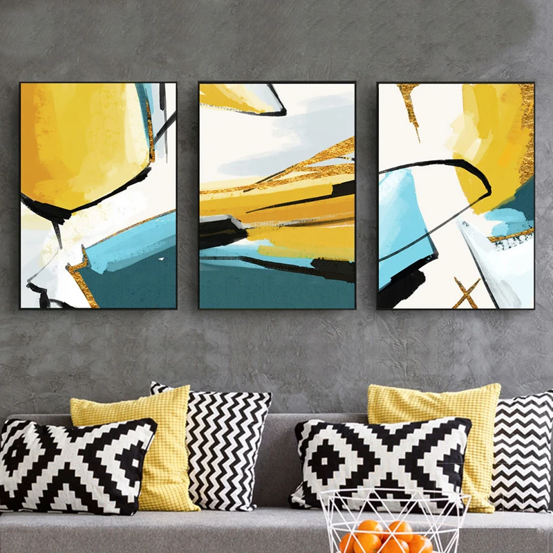 

Abstract Blue Yellow Canvas Paintings Print Gold Foil Poster Nordic Wall Art Pictures on Canvas Living Room Office Home Decor