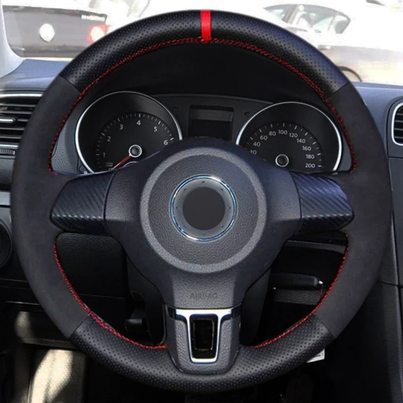 

Car Steering Wheel Cover Black Genuine Leather Suede For Volkswagen Golf 6 Mk6 VW Polo Sagitar Bora Santana Jetta MK5