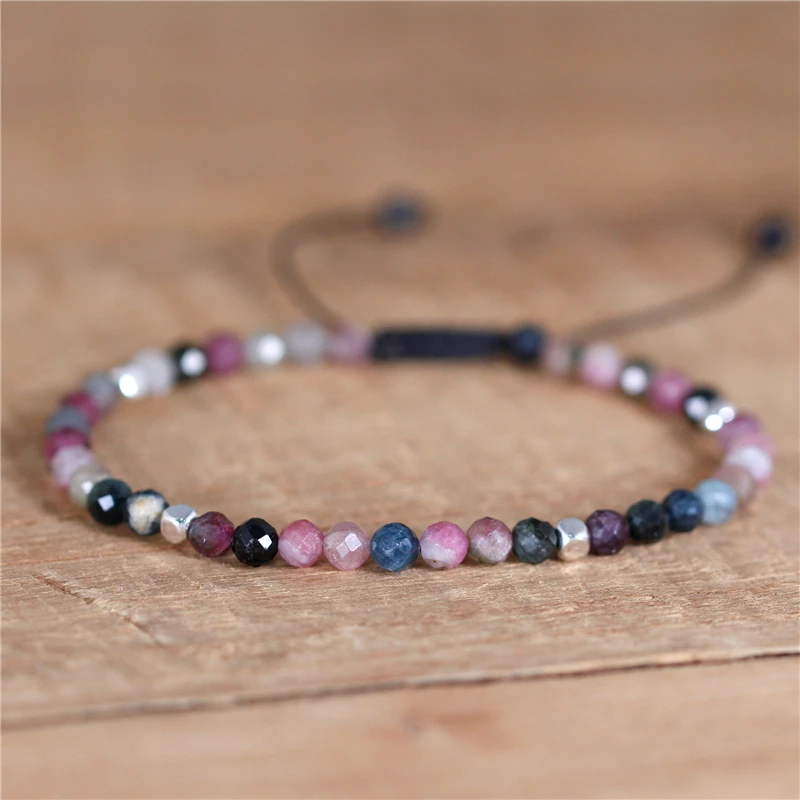 Boho Natural Stone 4mm Tourmaline Beads Tibetan Bracelet For Women Yoga Adjustable Gemstones Bracelet Dainty Jewelry Dropship
